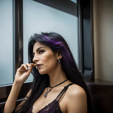 Slightly gothic woman, approximately 35 years old, de pele marrom claro, com cabelo curto na altura dos ombros com mechas de roxo, com tatuagens e com cigarro, aguardando em um elevador