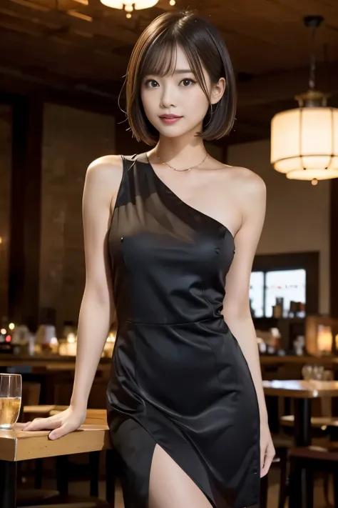 (((restaurant:1.3, indoor, Photographed from the front))), ((medium bob:1.3, black dress, japanese woman, cute)), (clean, natural makeup), (highest quality, masterpiece:1.3, 超High resolution), (Super detailed, caustics), (realistic:1.4, RAW shooting), very...