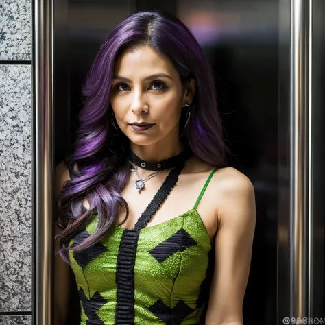 Slightly gothic woman, approximately 35 years old, de pele marrom clara, com cabelo curto com mechas de roxo, com tatuagens pelo corpo, aguardando em um elevador