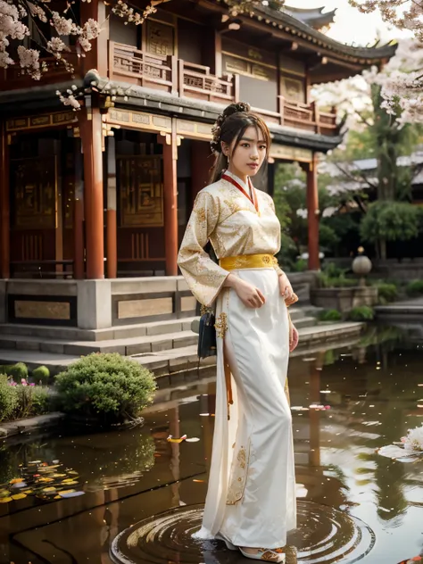 (a beauty girl,hanfu,wearing,A line skirt,golden embroidery,top,golden phoenix pattern,hairpin,ornament,tall waist design,long sleeves,pure white, lotus pattern,large bead,Chinese style buildings,traditional architecture,gray tiles,red pillars,pond with ko...