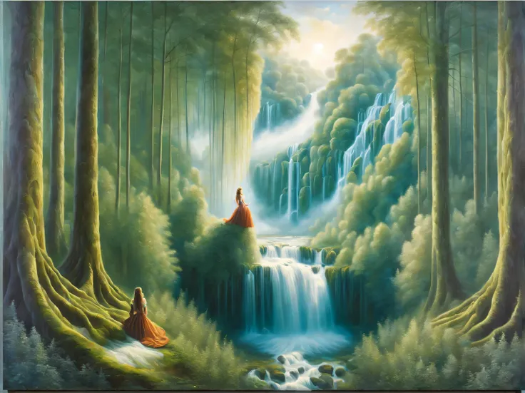 Oil painting on canvas oil painting on canvas with double exposure effect, a beautiful southern princess dreams of a beautiful forest waterfall, forest waterfall like a misty dream of a beautiful princess in the background, Hugh Douglas Hamilton, Alexey Sa...