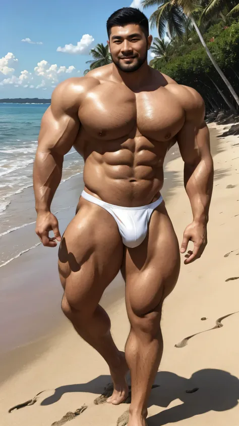 a chinese bodybuilder，30 years old，Tall and handsome, toned body，short hair, O-shaped beard，Perfect body, Dark and shiny complexion，Smooth skin，The body is hairless，Muscle bulge, muscular, Very big pecs，Very sexy abs，Leg muscles are very developed，Huge bum...