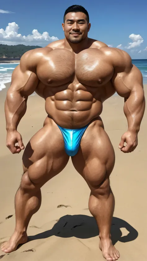 a chinese bodybuilder，30 years old，Tall and handsome, toned body，short hair, O-shaped beard，Perfect body, Dark and shiny complexion，Smooth skin，The body is hairless，Muscle bulge, muscular, Very big pecs，Very sexy abs，Leg muscles are very developed，Huge bum...