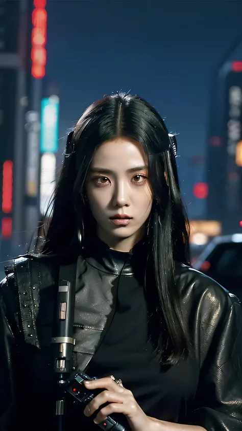 ((Best quality)), ((masterpiece)), (highly detailed:1.3), 3D, beautiful (cyberpunk:1.3) samurai woman with long black hair, black clothes looking at camera, war, dinamic pose, dinamic style