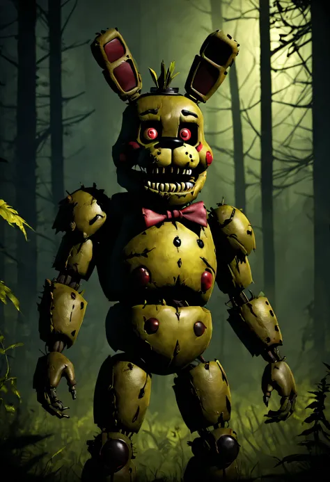 five nights at freddy&#39;s&#39;Spring traps, masterpiece, Fear, dark atmosphere, red eyes, Detailed shading, rot, simulation, Mechanical Abomination, rot, full body view, forest environment