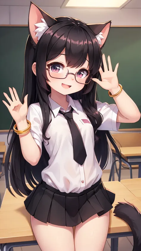 (young :1.6),1 girl,black long hair,wavy hair,messy hair,pink cat ears,pink cat tail,small breasts,white shirt,black necktie,black mini skirt,classroom,sparkle light,gold light,morning,glasses,cute bracelet,ribbon hair ornament,full face blush,looking at v...