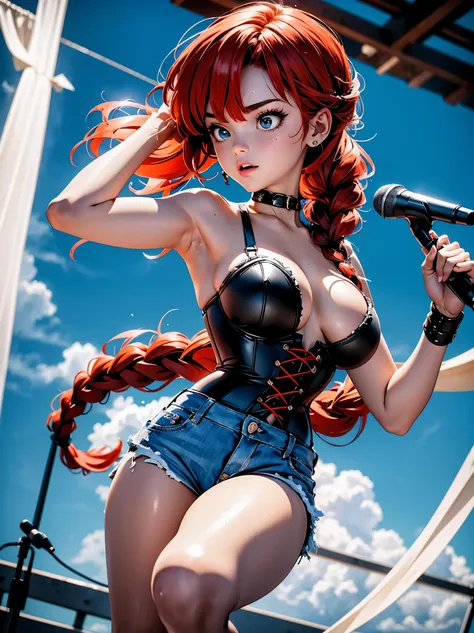 Garota Ruiva de anime cantora voclista de rock, in denim shorts and black corset and microphone in hand, 15 anos, corpo bonito, seios grandes, cantando gritando no microfone, estilo heavy metal, tema da banda Iron Maiden, Garota sexy, red hair with braid, ...