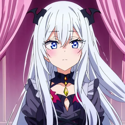 White hair But the end is gray,long hair,Tall,idol,celebritybeautiful and quite thin girl with gradient-colored eyes from red to pink and a six-pointed star in each of her eyes,vampire,demon,