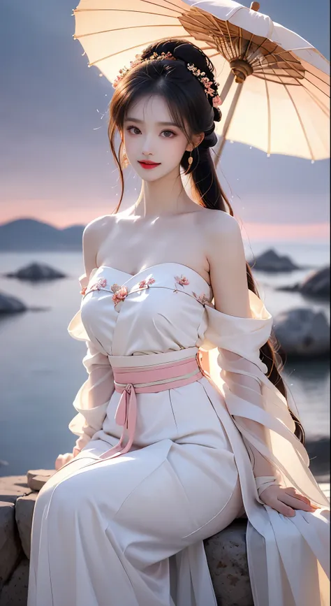 hanfu-song, hanfu, song theme, bandeau, tube top, ((bare shoulders)), ((whole body)), actual, fashion girl, red lips, mature wom...