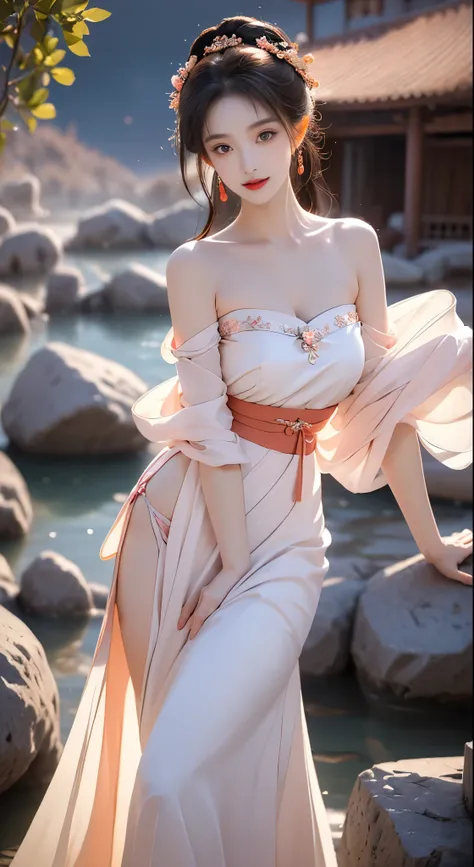 hanfu-song, hanfu, song theme, bandeau, tube top, ((bare shoulders)), ((whole body)), actual, fashion girl, red lips, mature women, cosmetics, big eyes, beautiful eyes, ((whole body)), ((from below)), (best quality, masterpiece:1.2), Super detailed, (actua...