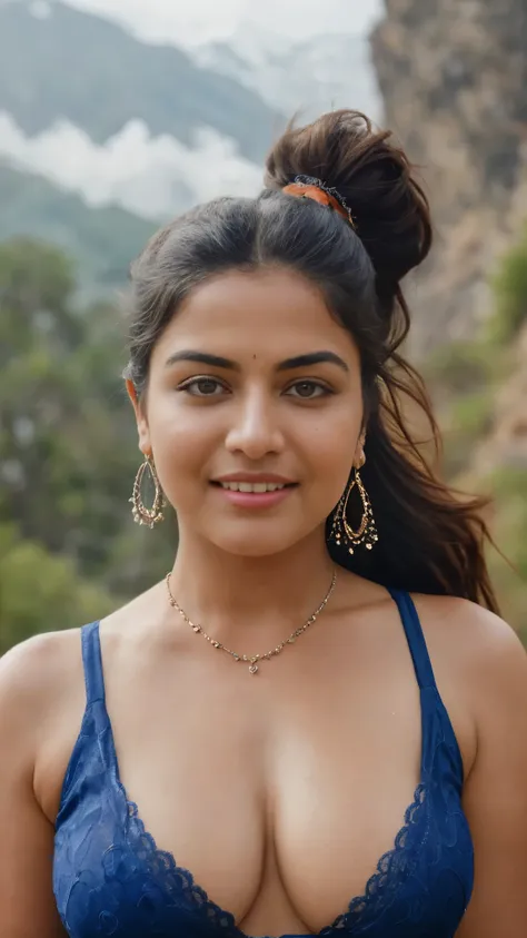 extreme close up photo of sexy indian, big cheeks, hourglass figure, swooping breasts, open arms, sexy armpits, seducing on moun...