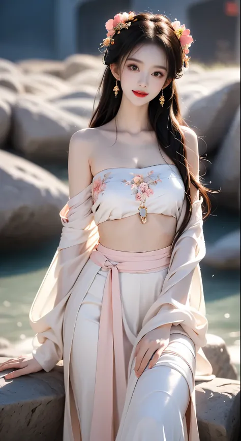 hanfu-song, hanfu, song theme, bandeau, tube top, ((bare shoulders)), ((whole body)), actual, fashion girl, red lips, mature women, cosmetics, big eyes, beautiful eyes, ((whole body)), ((from below)), (best quality, masterpiece:1.2), Super detailed, (actua...