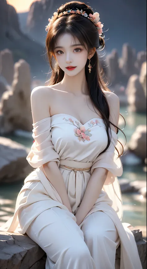 hanfu-song, hanfu, song theme, bandeau, tube top, ((bare shoulders)), ((whole body)), actual, fashion girl, red lips, mature wom...