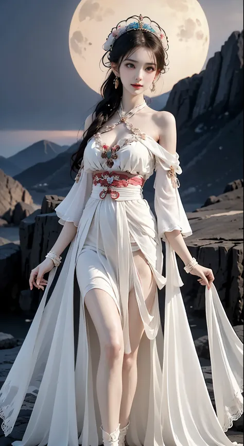 hanfu, ((bare shoulders)), ((whole body)), actual, fashion girl, red lips, mature women, cosmetics, big eyes, beautiful eyes, ((...