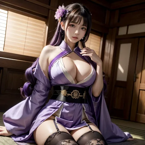 1 beauty girl,Shiny skin, solo,thighhighs,purple hair,japanese clothes,purple eyes,hair ornament,kimono,sash,flower,obi,obiage,bangs,obijime,mole,large breasts,long hair,mole under eye,purple kimono,ribbon,tassel,purple flower,bridal gauntlets,musou isshin...