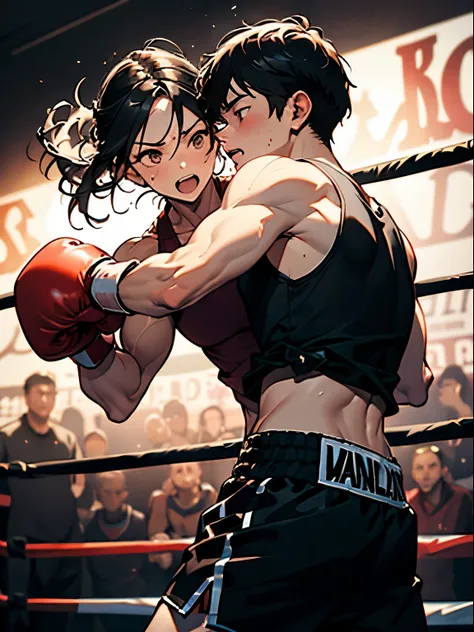 

first，The first panel should depict an intense boxing match。Two boxers sweating in the ring，Move quickly and accurately。Every time they punch, it brings a shocking visual impact。Make sure your boxer’s muscles are well defined，The sound of boxing echoes i...