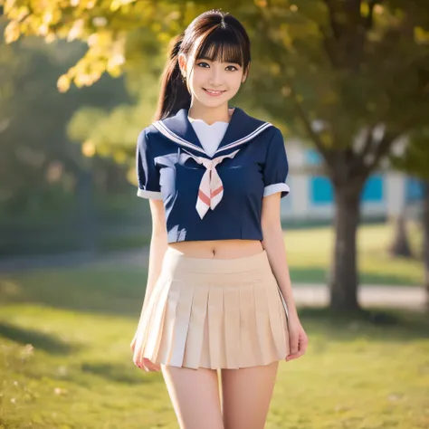 wear japanese school uniform,wear a sailor、wear a pleated skirt、(show panties)、 ponytail, japanese girl, 8k, huge breasts, highe...