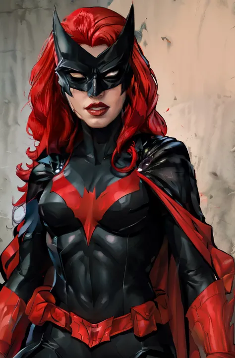 Woman Midjourney scarlettjohansson-smf Batwoman, batwoman, superhero, bat print, 1girl, red hair, lipstick, mask, makeup, long hair, red lips, red gloves, black bodysuit, red lips, belt, cape, pointed arm accessory