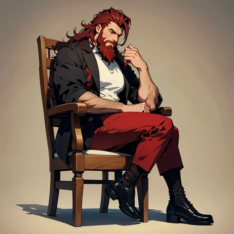 CUTE Man with dark red beard and hair, and strong, sitting straightvectorized, sitting straight, full body, looking in side, strong , 4k