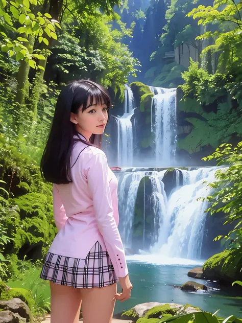 there is a woman in a skirt standing in front of the waterfall, ren iwakura, close up ren iwakura, beside the waterfall, shot wi...