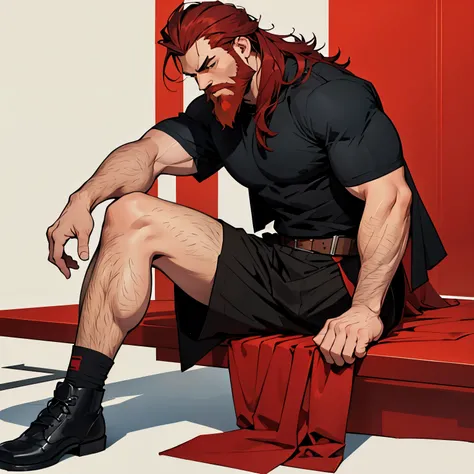 Man with dark red beard and hair, cut and strong, sitting straightvectorized, sitting straight, full body, looking in side, strong , 4k