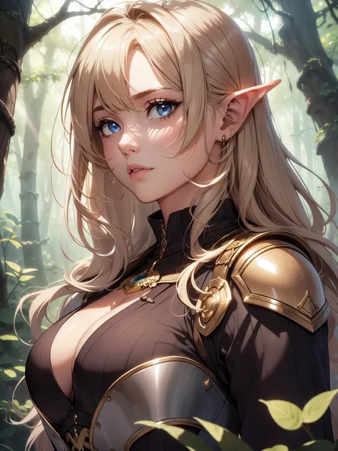 In the heart of a mystical forest, a young elf with medium blonde hair stands proudly in her intricately detailed warrior outfit. The sun casts golden rays upon her face, illuminating the delicate shadows that drape her sculpted features. Her ample cleavag...