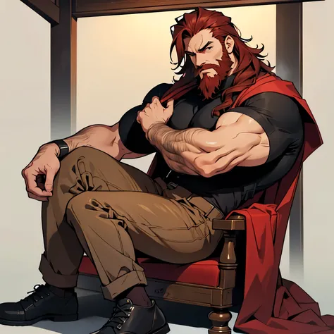 Man with dark red beard and hair, strong, sitting straightvectorized, sitting straight, full body, looking in side, strong , 4k