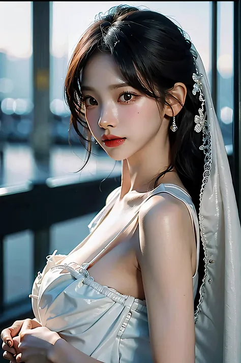 (highest image quality), (masterpiece), (vibrant, photography realistic, Realistic, Dramatic, Dark, Sharp focus, 8K), Close up Face, Highly detailed face and skin texture, wedding dress, ethereal beauty, mature asian woman,long hair, make up, sexy smile, n...