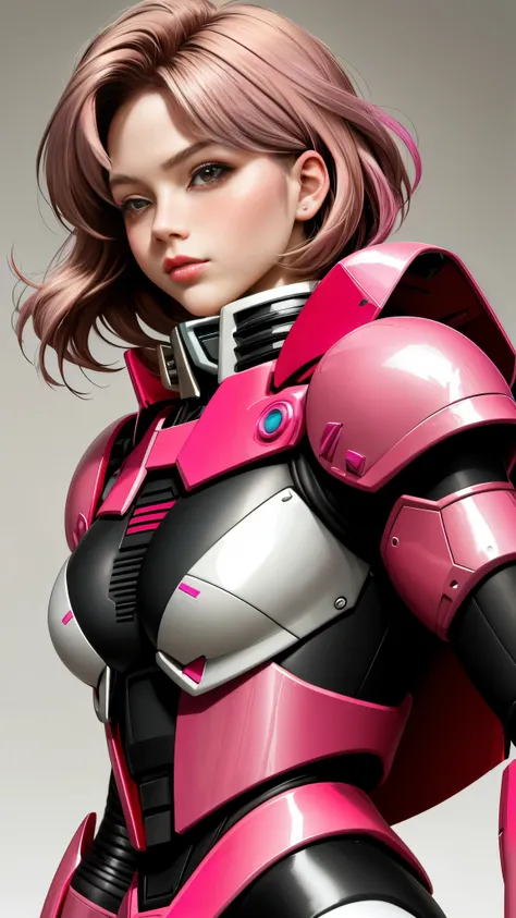 Realistic Red Sotheby Girl Photo，Shortcut Bob Cut，I have a lot of hair，brown eyes，Her hair color is a gradation between bright pink and blonde.，cool look，background is gray，16 year old daughter of Haman Khan and Char Aznable.