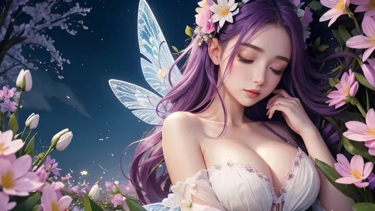 One beautiful fairy with wings、((On your back))、(Sleeping)、big breasts、pale hair、Upper body、close up of face、Lustrous lips、Flowers in the foreground、spring scenery、night scenery、surrounded by spring flowers、colorful flower field、high resolution、mysterious、...