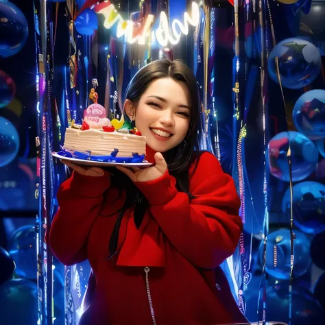 Smiling woman holding a cake standing naked in front of balloons in the background