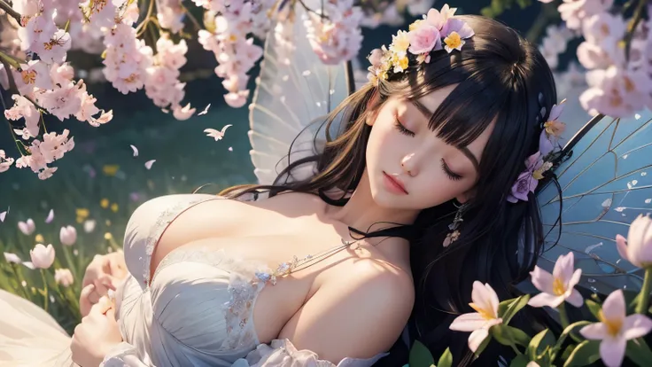 One beautiful fairy with wings、((On your back))、(Sleeping)、big breasts、pale hair、bangs、Upper body、close up of face、Lustrous lips、Flowers in the foreground、Spring night view、night scenery、surrounded by spring flowers、colorful flower field、high resolution、my...