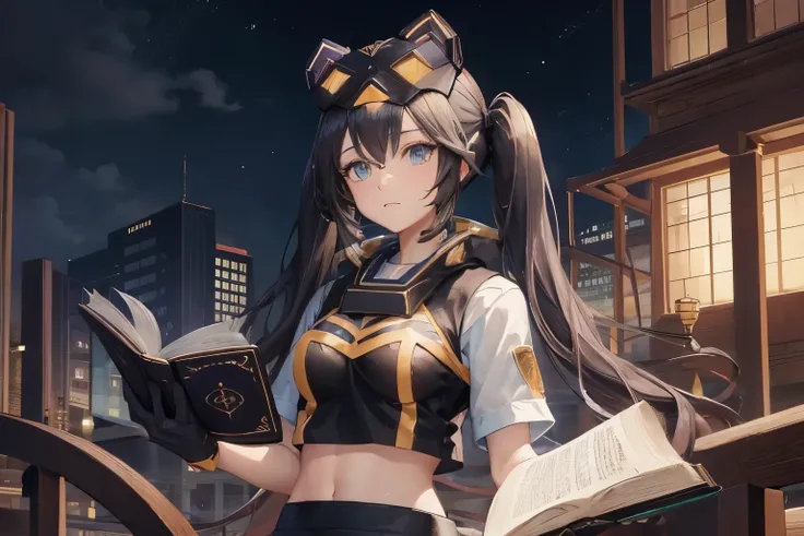 ip1, 1girl, cat mask, crop top, tight pants, twintails, short sleeves, gloves, solo, masterpiece, epic, anime, wizard, mountain, night, spell book, black hair, reading book
