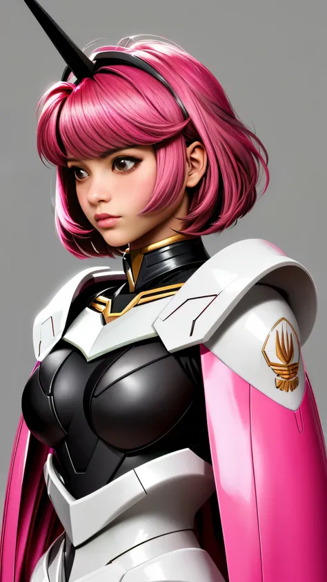 Realistic black Sozabi girl photo，Shortcut Bob Cut，I have a lot of hair，brown eyes，Hair color is bright pink，cool look，background is gray，16 year old daughter of Haman Khan and Char Aznable.