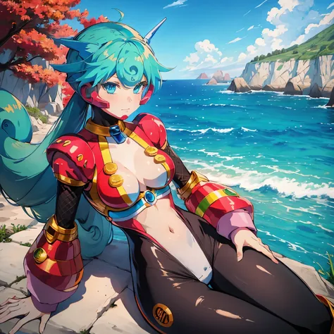 marino_megamanx, 1girl, green hair, blue eyes, ponytail, detailed face, breasts, masterpiece, high quality, overlooking the ocean on the edge of a rock, in the style of avian-themed, realistic yet stylized, villagecore, azure, orange and azure, dragoncore,...