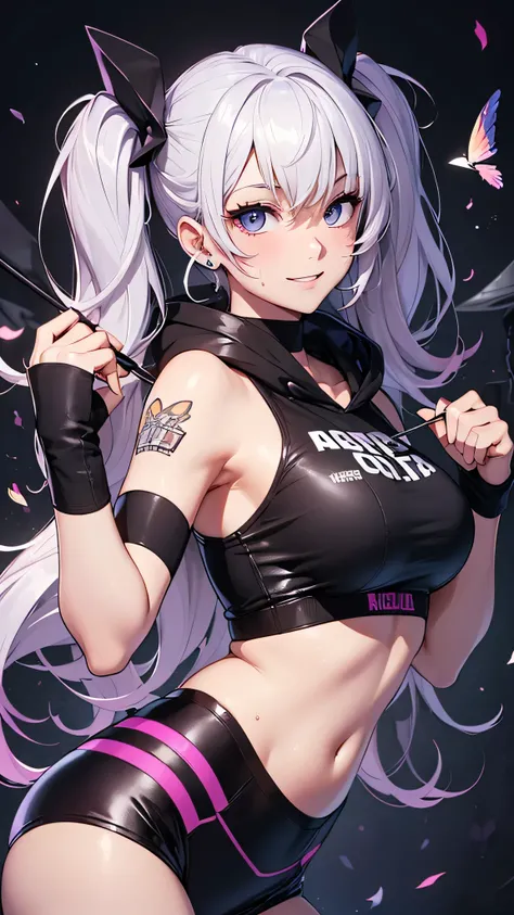 最high quality、best image quality、masterpiece、girl((20-year-old、 By becoming、vest bust、medium bust,wide open breast tea、shining eyes, silver hair、long hair、thin,highest valley、twin tails、right arm bandage、Black and purple hoodie with a wide open chest、short...