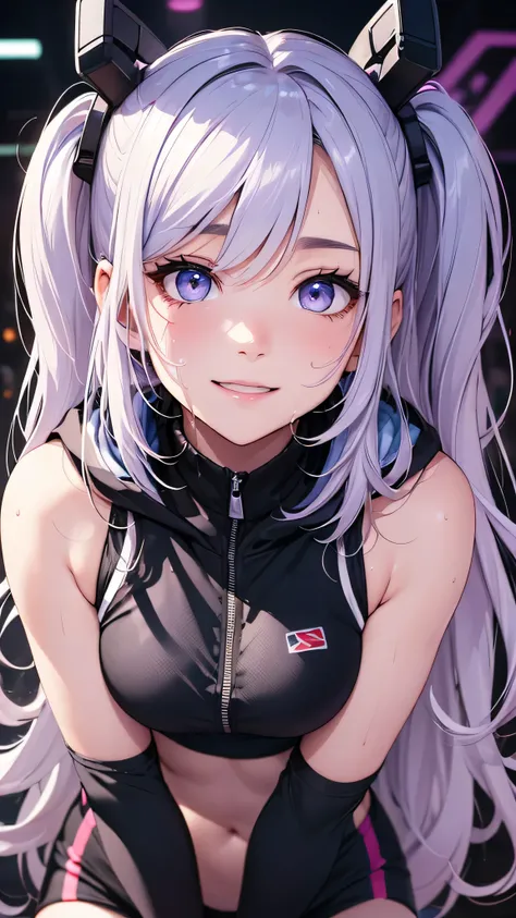 最high quality、best image quality、masterpiece、girl((20-year-old、 By becoming、vest bust、medium bust,wide open breast tea、shining eyes, silver hair、long hair、thin,highest valley、twin tails、right arm bandage、Black and purple hoodie with a wide open chest、short...