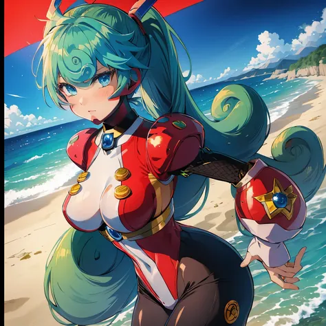 marino_megamanx, 1girl, green hair, blue eyes, ponytail, detailed face, breasts, masterpiece, high quality, overlooking the ocean on the edge of a rock, in the style of avian-themed, realistic yet stylized, villagecore, azure, orange and azure, dragoncore,...