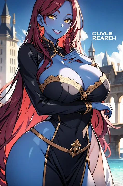 long red hair, blue skin, yellow eyes, solo, smiling, standing, upper body, hips, gigantic breasts, black clothes