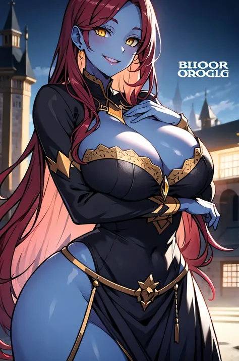 long red hair, blue skin, yellow eyes, solo, smiling, standing, upper body, hips, gigantic breasts, black clothes