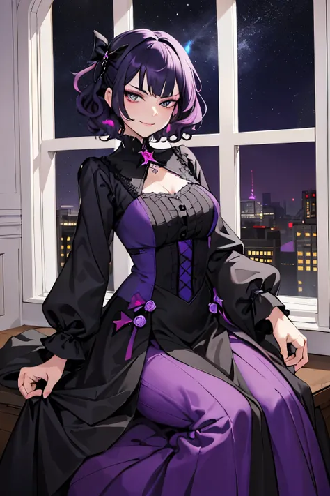 (masterpiece:1.2, best quality), 1lady, goth, pretty, purple, blue, grey, pink, orange, black hair, smirk, window, night, stars, complex design, bow, big dress, modest clothes, very curly hair, very short hair, accessories, detailed face, perfect face