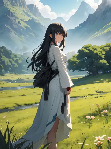 A girl leading the knights stands on a green meadow..
BREAK 凛々With a new look, she guides them to their destination.
blake behind her, Beyond that, a green forest spreads out, A mountain rises in the distance.
BREAK The most suitable effect for this scene ...