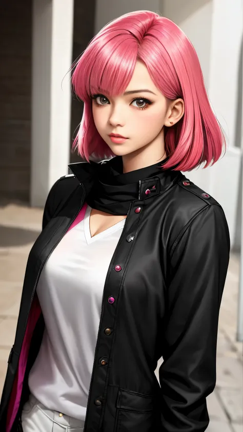 Realistic black Sozabi girl photo，Shortcut Bob Cut，I have a lot of hair，brown eyes，Hair color is bright pink，cool look，background is gray，16 year old daughter of Haman Khan and Char Aznable.