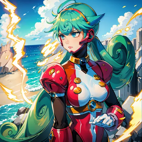 marino_megamanx, 1girl, green hair, blue eyes, ponytail, detailed face, breasts, masterpiece, high quality, overlooking the ocean on the edge of a rock, in the style of avian-themed, realistic yet stylized, villagecore, azure, orange and azure, dragoncore,...