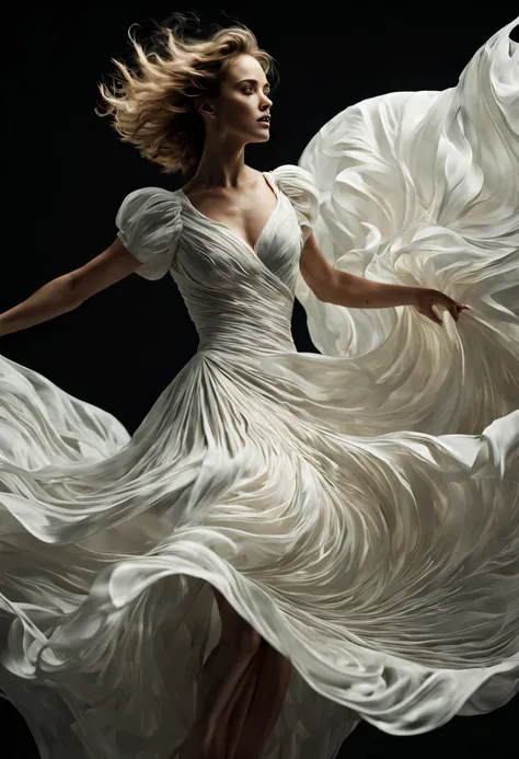 Female wearing hemispheric white parachute dress, waves of the dress flying all over, boccioni style, soft natural light cascading across her features, perfectly composed, intricately detailed, octane rendered to an insane level, trending on ArtStation, 8K...