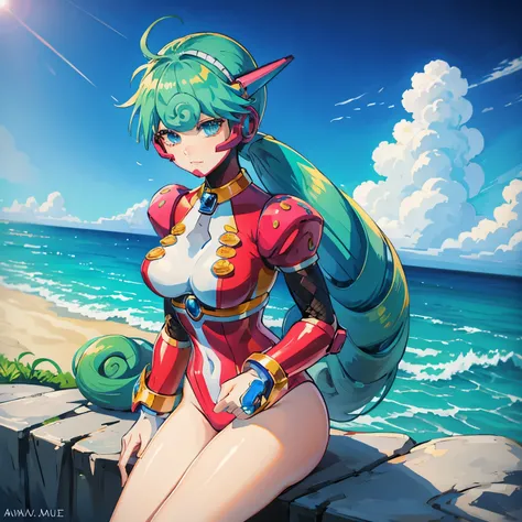 marino_megamanx, 1girl, green hair, blue eyes, ponytail, detailed face, breasts, masterpiece, high quality, overlooking the ocean on the edge of a rock, in the style of avian-themed, realistic yet stylized, villagecore, azure, orange and azure, dragoncore,...