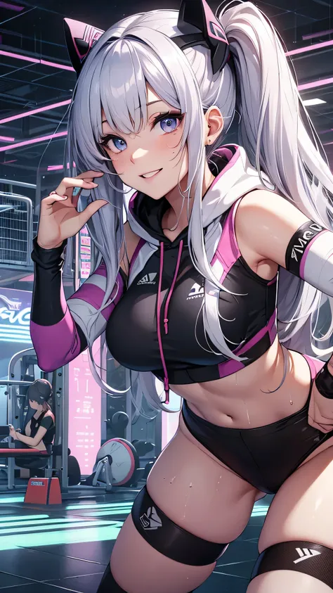 最high quality、best image quality、masterpiece、girl((20-year-old、 By becoming、vest bust、medium bust,wide open breast tea、shining eyes, silver hair、long hair、thin,highest valley、twin tails、right arm bandage、Black and purple hoodie with a wide open chest、short...