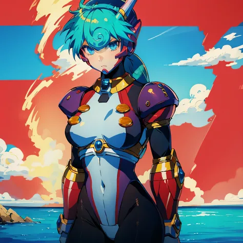 marino_megamanx, 1girl, green hair, blue eyes, ponytail, detailed face, breasts, masterpiece, high quality, overlooking the ocean on the edge of a rock, in the style of avian-themed, realistic yet stylized, villagecore, azure, orange and azure, dragoncore,...