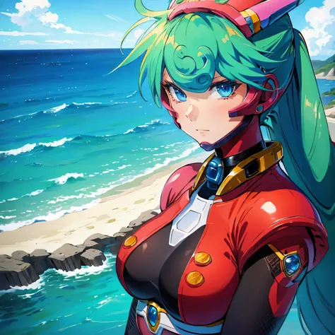 marino_megamanx, 1girl, green hair, blue eyes, ponytail, detailed face, breasts, masterpiece, high quality, overlooking the ocean on the edge of a rock, in the style of avian-themed, realistic yet stylized, villagecore, azure, orange and azure, dragoncore,...