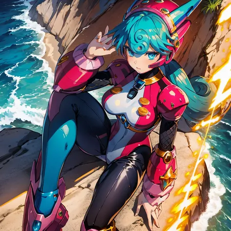 marino_megamanx, 1girl, green hair, blue eyes, ponytail, detailed face, breasts, masterpiece, high quality, overlooking the ocean on the edge of a rock, in the style of avian-themed, realistic yet stylized, villagecore, azure, orange and azure, dragoncore,...